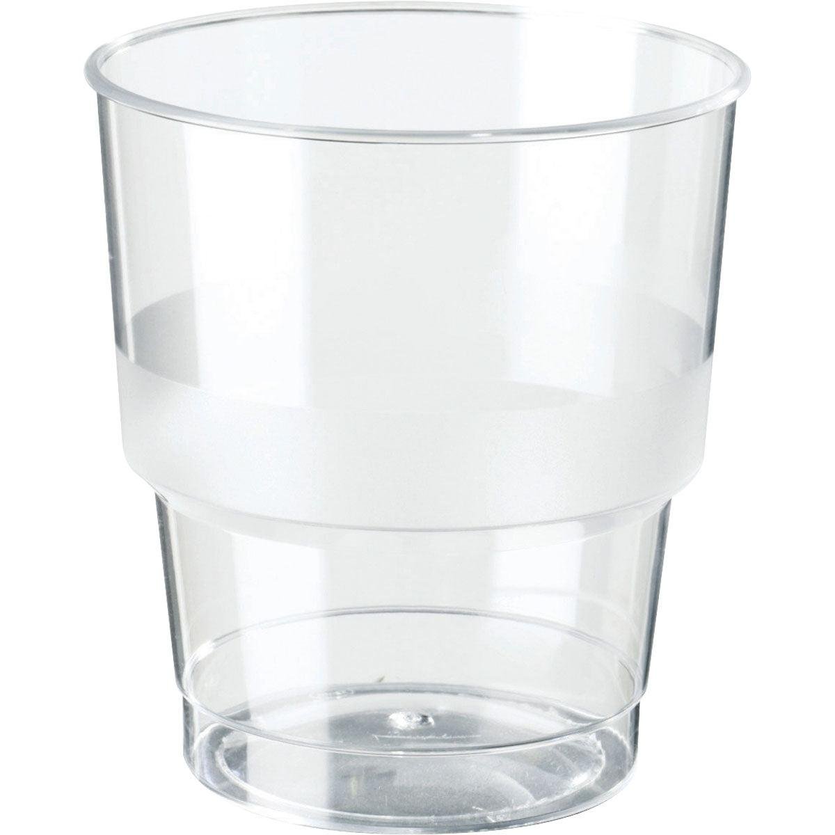 The drinking glass Tourmaline from Duni GmbH is a transparent PS drinking glass, 300 ml, with a flared rim and frosted band, depicted on a white background. Available in packs of 40 pieces.