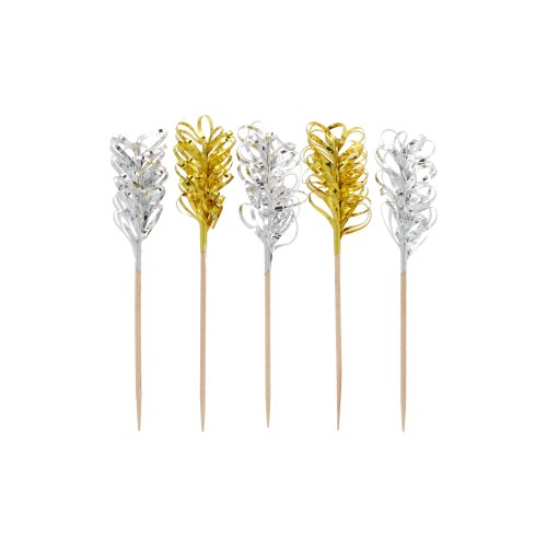 The PAPSTAR decoration picks "Frills" gold/silver (10.5 cm, 30 pieces) from PAPSTAR GmbH are adorned with festive gold and silver metallic glitter - ideal as party accessories or table decorations for celebrations, depicted on a simple white background.