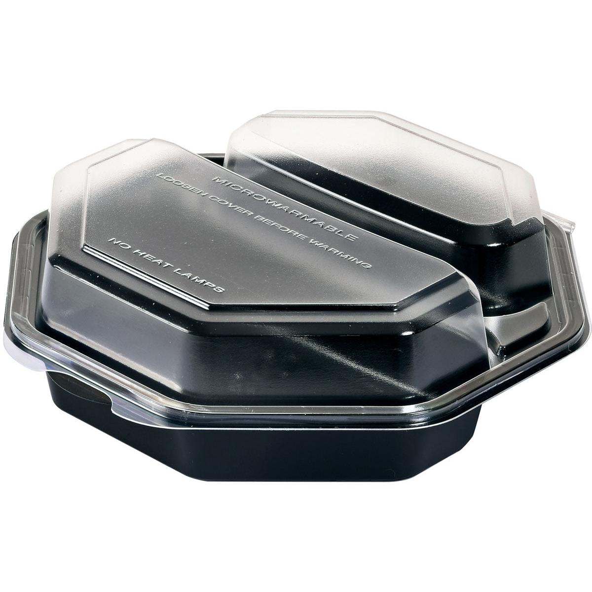 The Octaview® 2 food container from Duni GmbH has a modern black base and a clear lid (PS, 190x190x60 mm), depicted on a white background. Its rectangular design has rounded edges and raised sections on the transparent lid. Package: 290 pieces.