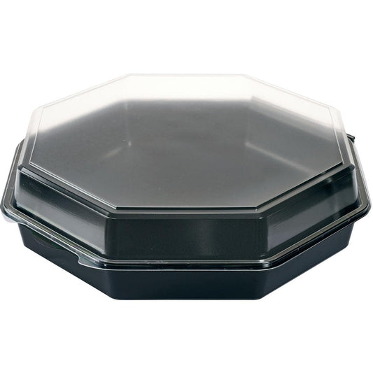 Die Duni GmbH Octaview® PS 305x305x80 ist eine schwarze achteckige Takeout-Box mit transparentem Deckel, die von oben geschlossen ist. Verpackt als Set von 75 hochwertigen Boxen (Schwarz/Transparent).