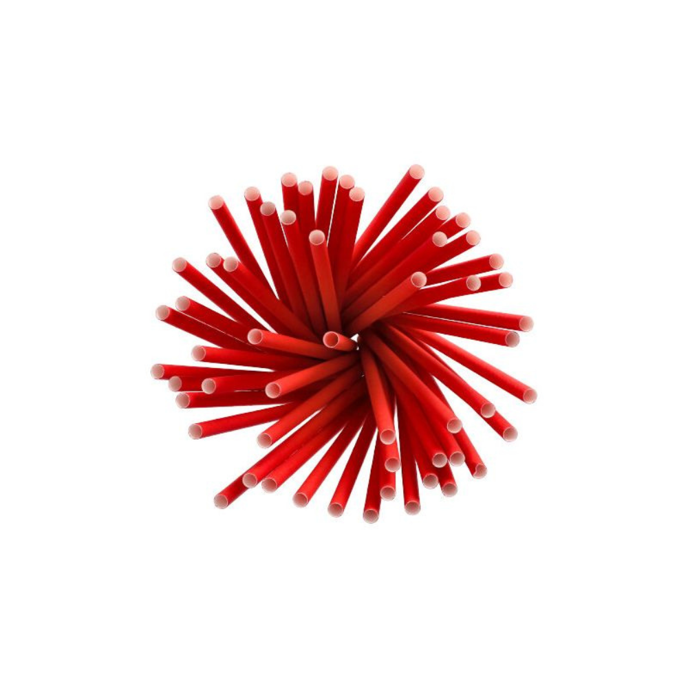 Eine Gruppe nachhaltiger roter Papiertrinkhalme der Marke PAPSTAR Shake-Halme Papier mit einem Durchmesser von 8 mm und einer Länge von 25 cm ist kreisförmig angeordnet, wobei die weißen Spitzen nach außen zeigen.
