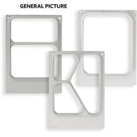 Three rectangular metal plates, including a Duni GmbH DF15/25 cassette for 1150 ml APET trays—3-compartment, sturdy (1 piece)—with various cutouts are shown side by side on a white background. "GENERAL IMAGE" appears at the top.