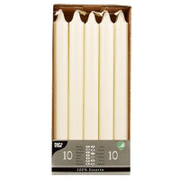 Un paquete de 10 PAPSTAR Las velas en forma de corona (Ø 2,2 cm, 24 cm, blancas, 100 % estearina) se presentan en posición vertical en una bandeja de cartón con una etiqueta parcialmente transparente en la base, en la que aparecen texto y símbolos. Marca: PAPSTAR S.L.