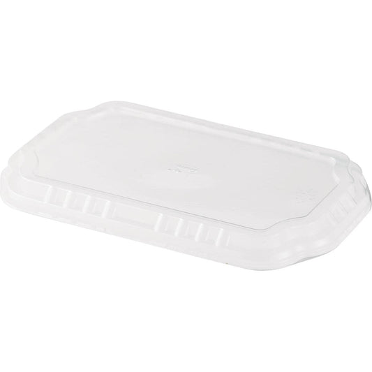 Der Duni GmbH Deckel für Take-Away PP-Schalen 256x163 mm aus transparentem APET ist auf weißem Hintergrund zu sehen. Der rechteckige, gerippte Deckel eignet sich perfekt zur sicheren Verpackung von Speisen. Die Packung enthält 246 Stück.