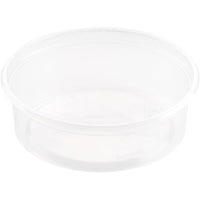 A clear, round Delipack Transparent PP 101x101 container from Duni GmbH (pack of 50), with smooth sides and no lid, ideal for food storage, shown empty against a white background.