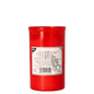 Cylindrical PAPSTAR grave light T3 memorial candle with red plastic housing (Ø 6.4 cm, height 10 cm) and white label with text, symbols, barcode, and graphic. Ideal for use in the cemetery. Brand: PAPSTAR GmbH.