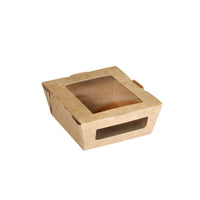 La caja para comida de Duni GmbH con ventana de PLA, de 450 ml, fabricada en cartón marrón, de 120 x 110 x 45 mm, se muestra vacía sobre un fondo blanco. La caja es respetuosa con el medio ambiente y se comercializa en paquetes de 200 unidades.