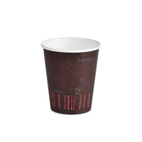 The Duni GmbH Coffee Quick Printed PAP/PE Cup (pack of 50) features a dark brown and red design with "COFFEE QUICK" printed on it—the perfect blank takeout cup for enjoying hot beverages on the go.