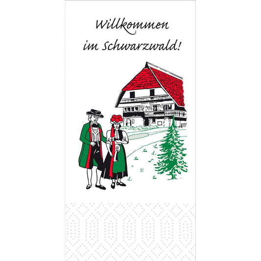 Illustration eines Paares in Schwarzwaldtracht an einem rotgedeckten Haus mit "Willkommen im Schwarzwald" - ideal für Duni GmbH Zellt.-Servietten 33x33 cm, 3-lagig, Schwarzwald (Packung mit 250 Servietten).