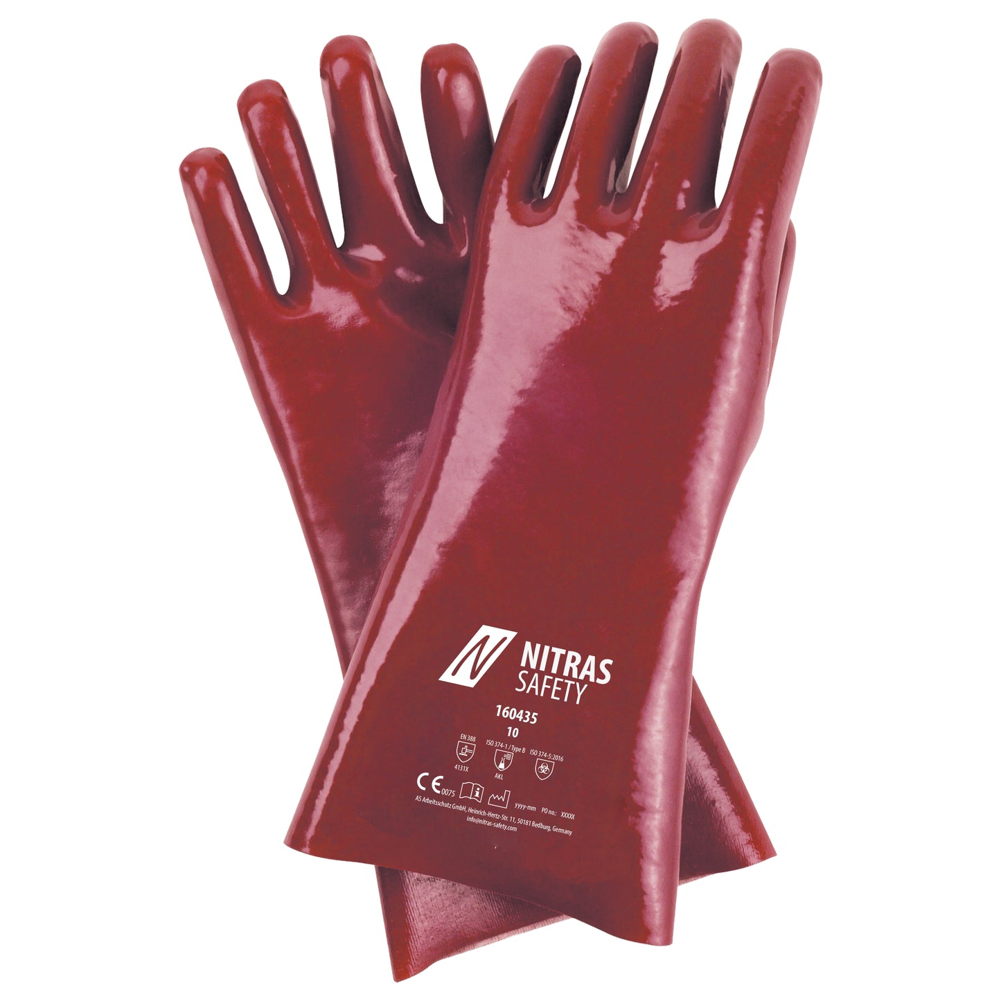 Guantes de protección química NITRAS, rojos, jersey de algodón EN 388, EN ISO 374 | Paquete (12 pares)