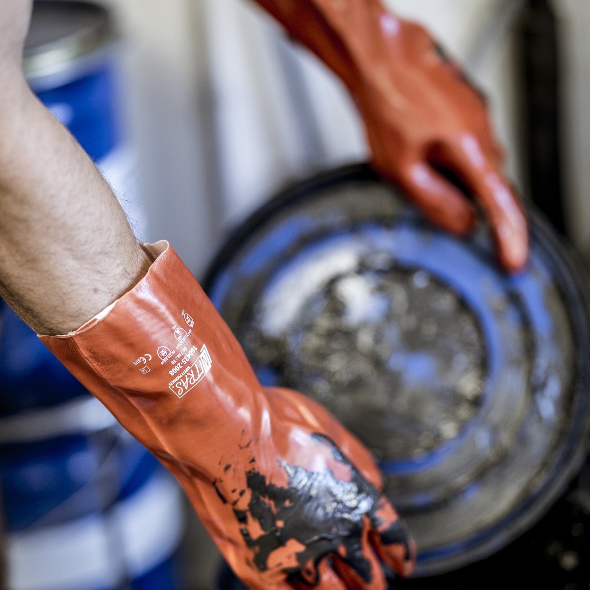 Guantes de protección química NITRAS, rojos, jersey de algodón EN 388, EN ISO 374 | Paquete (12 pares)