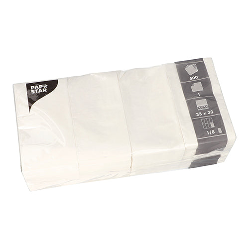 Eine in Kunststoff verpackte Packung PAPSTAR Servietten 1-lagig 33x33 cm, 1/8-Falz, weiß (500 Stück) von PAPSTAR GmbH, FSC-zertifiziert, ideal für die Gastronomie und von schräg oben dargestellt.