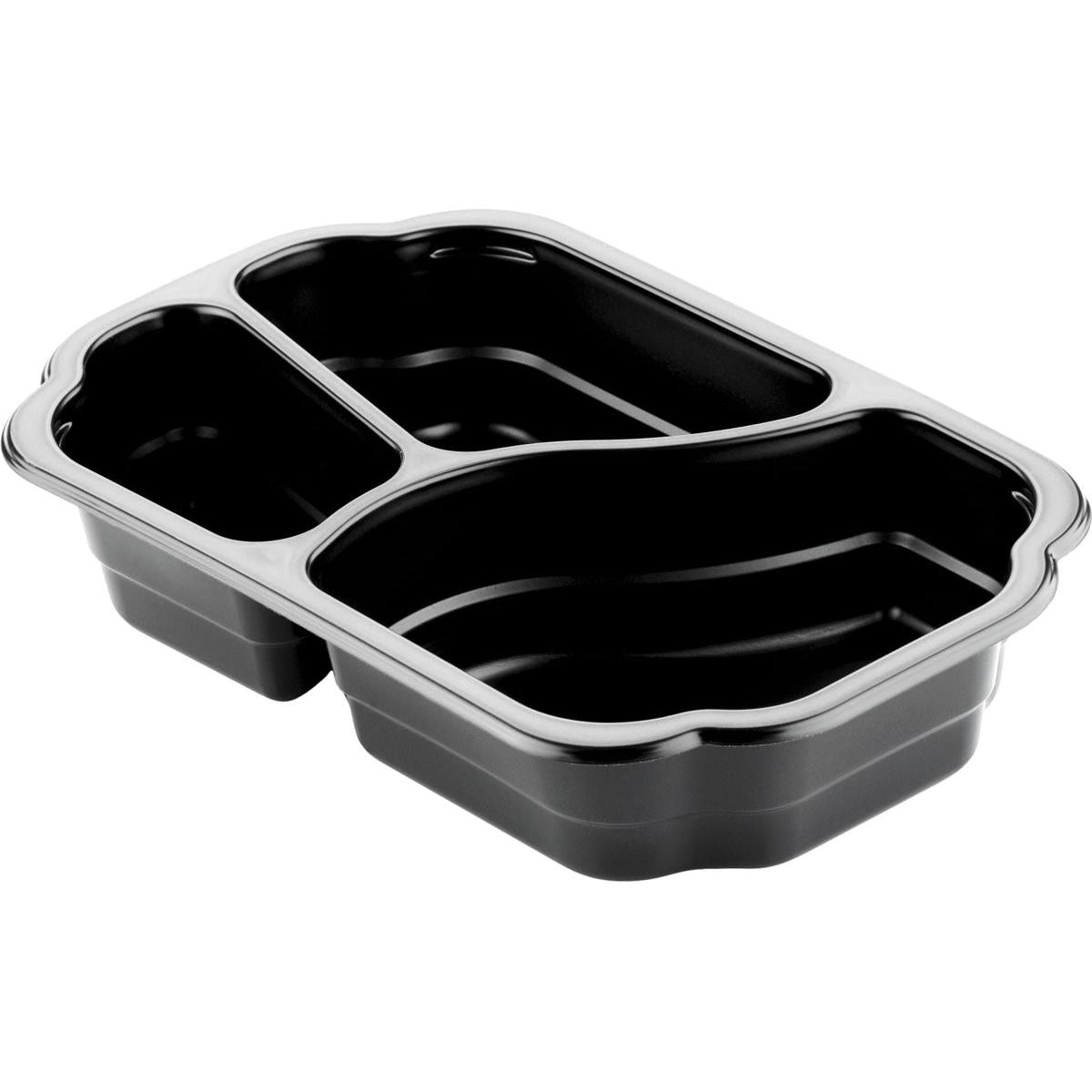 Die Duni GmbH PP-Schale Take-Away 3 Schwarz PP/MIN 250x159x48 (Packung: 246 Stück) hat drei Fächer zum Portionieren von Lebensmitteln, ist mikrowellengeeignet und ideal für die Gastronomie - leer auf weißem Hintergrund abgebildet.