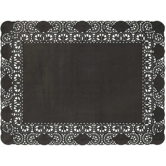 Das Duni GmbH Deko-Spitzenpapier 30x40 cm in schwarz ist ein hochwertiges, rechteckiges Dekorationspapier mit spitzenförmig ausgeschnittenen Rändern und Wellenschliff - ideal für die elegante Tischgestaltung. Die Packung enthält 250 Stück.