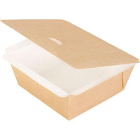 Una caja de cartón marrón y cuadrada (115 x 115 x 50 mm) de la empresa Duni GmbH, con la tapa parcialmente abierta, deja ver su interior blanco de polietileno. Esta caja de cartón marrón (paquete de 250 unidades) aparece fotografiada vacía sobre un fondo blanco.
