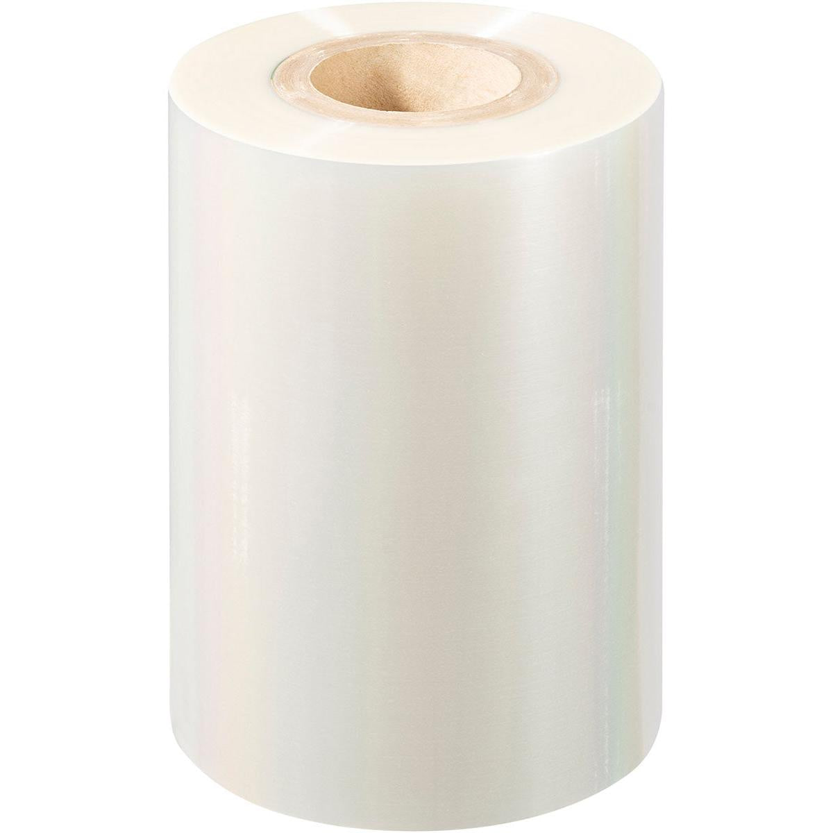 Eine große Rolle Duni GmbH PET-Siegelfolie Antifog PET-Folie mit einem Pappkern, aufrecht stehend auf weißem Hintergrund.