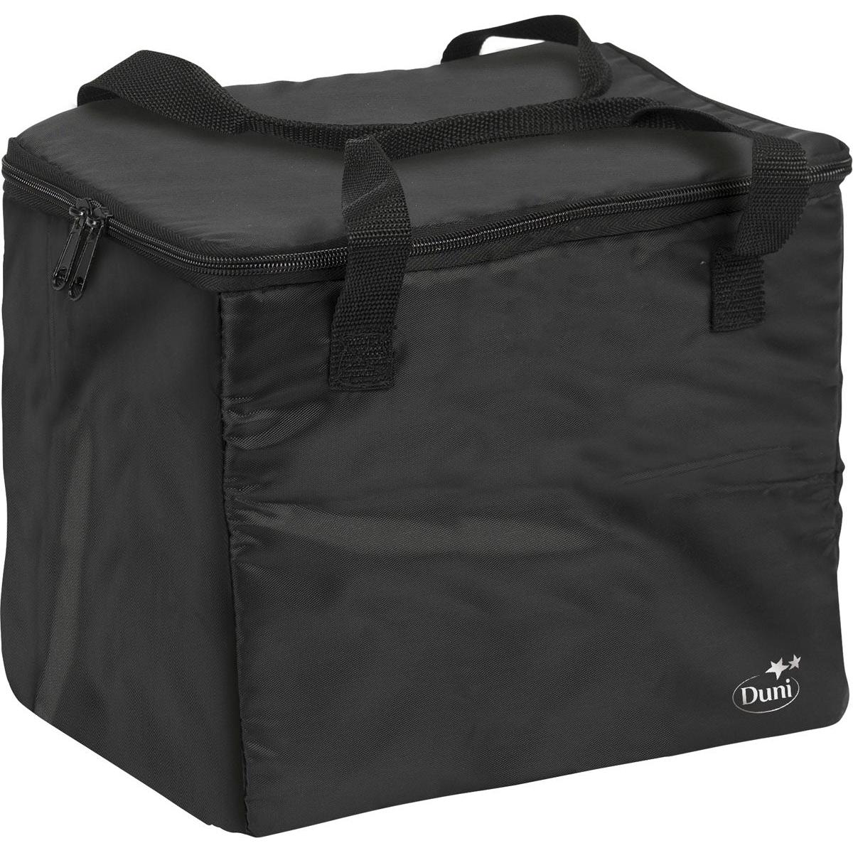 A thermal bag 1 black nylon 275x200x240 by Duni GmbH with two carrying handles, a zipper on the top, and a white Duni logo in the lower front corner. Package (1 piece).