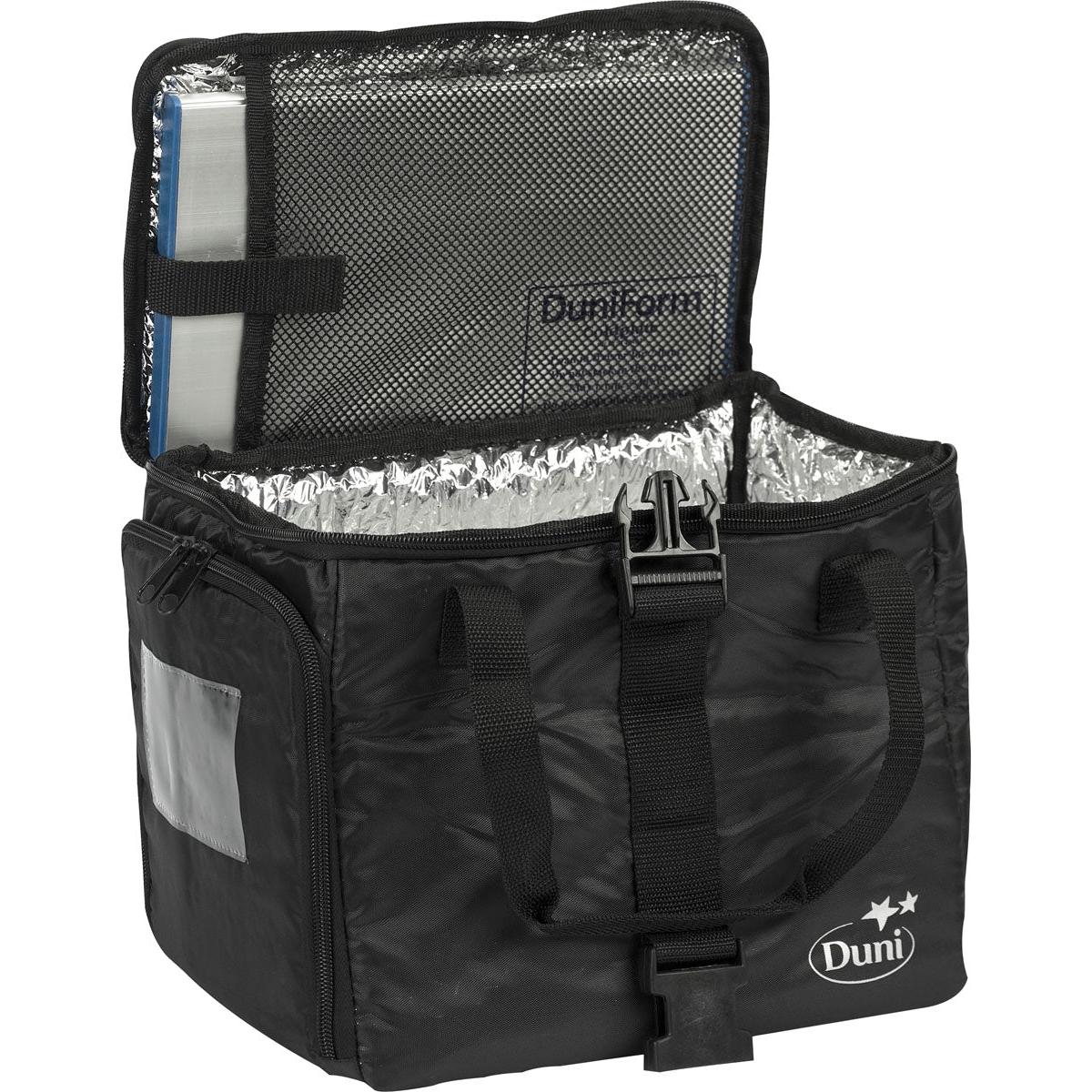 The Duni GmbH Thermal Bag 1 Black Nylon 275x200x240 features a mesh pocket with a zipper in the lid, silver thermal lining, black handles, and a Duni logo on the front. The lunch bag is empty, ideal for keeping items cool.