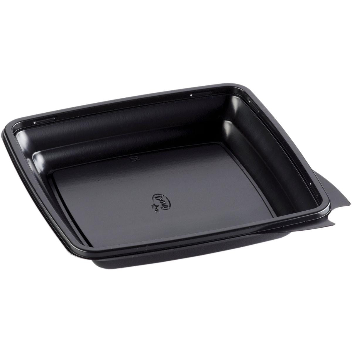 The square menu box Black PP 197x197x33 from Duni GmbH (pack of 450 pieces) made of sturdy plastic has slightly raised edges and a side tab, depicted on a white background.
