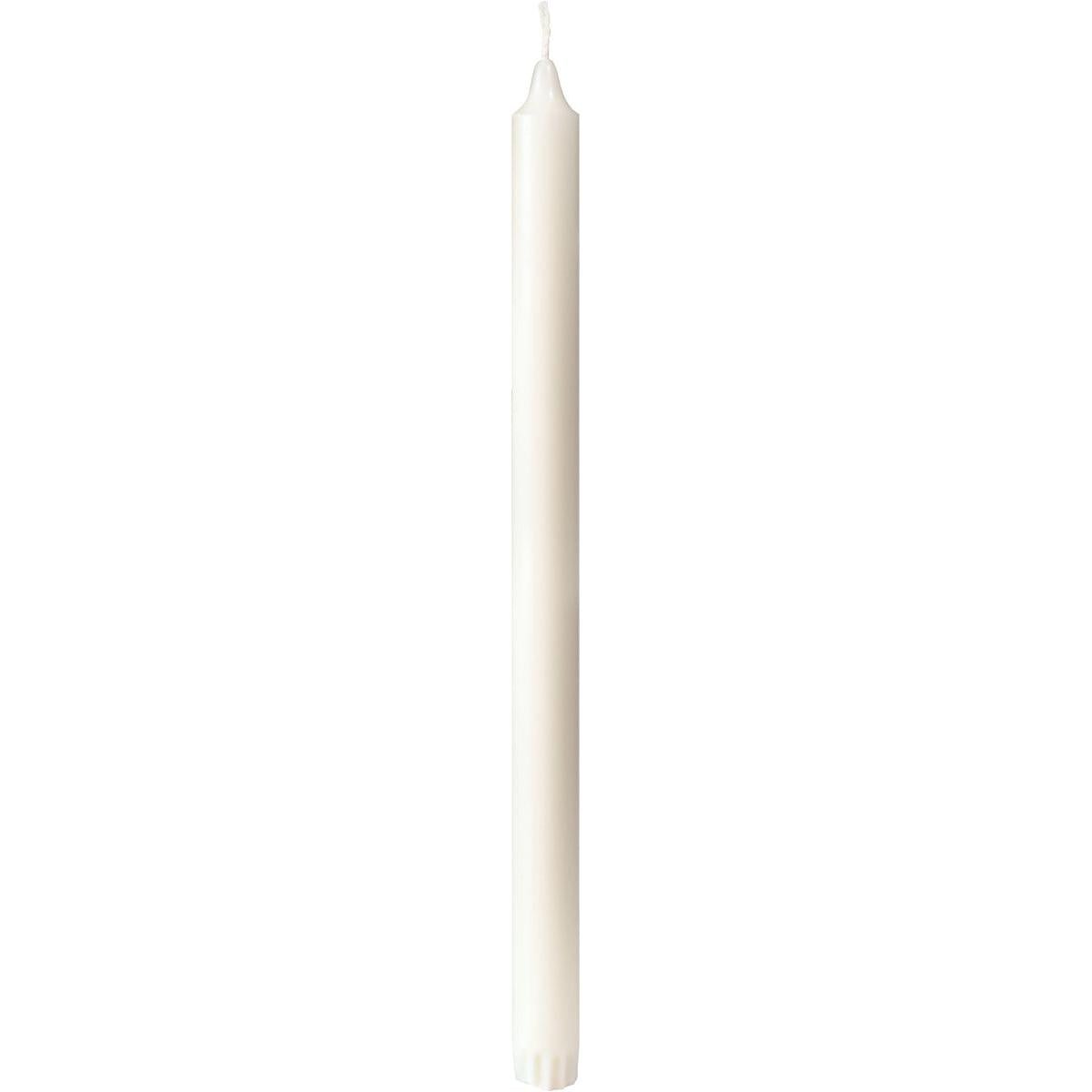 Pictured is a single, unlit white stearin crown candle 22x350 mm from Duni GmbH made of 100% stearin with a visible wick and a smooth surface against a plain white background. The pack contains 10 candles.