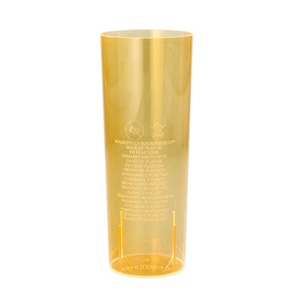 A tall, translucent yellow Starpak 10 glasses for long drinks plastic cup (0.3 l, Ø 5.85 cm, 15.2 cm) with a smooth cylindrical shape and multilingual print on the front; no handles or patterns visible.
