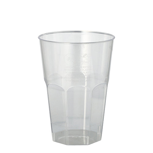 Starpak 20 glass for Caipirinha (0,3 l, Ø 8 cm, 11 cm) er gjennomsiktige PS-plastkopper med fasettert bunn-design – ideelle for servering av drikke på fester og arrangementer; 20-sett i krympefolie.