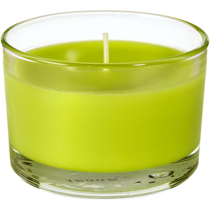 Un vaso para velas verde Ibiza (aprox. 18h, 58x85mm) de Duni GmbH con una sola mecha se encuentra sin usar en un contenedor de vidrio transparente, ideal para iluminación ambiental y acentos elegantes en cualquier habitación.
