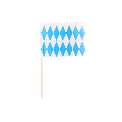 The PAPSTAR 200 decoration picks 8 cm from PAPSTAR GmbH is a small rectangular flag on a wooden stick with a light blue and white diamond pattern – ideal for enhancing catering or finger food presentations. White background.