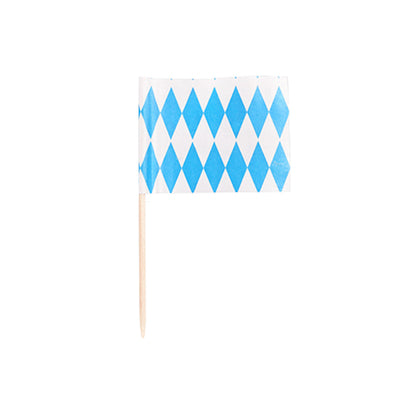 The PAPSTAR 200 decoration picks 8 cm from PAPSTAR GmbH is a small rectangular flag on a wooden stick with a light blue and white diamond pattern – ideal for enhancing catering or finger food presentations. White background.