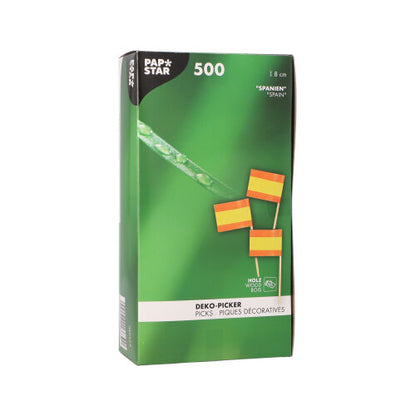 In einer weißen Box mit der Aufschrift „PAPSTAR 500 Deko-Picker 8 cm weiss“ der PAPSTAR GmbH befinden sich 8 cm lange Deko-Picker. Die Verpackung zeigt neben der Abbildung der Picks auch Texte in Deutsch, Englisch und Französisch – ideal für stilvolle Präsentationen!.