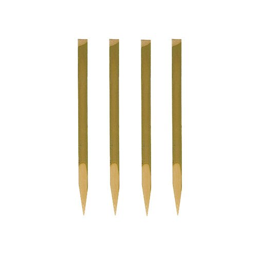 Four PAPSTAR finger food skewers (11 cm, natural wood) from PAPSTAR GmbH are arranged vertically against a white background - each with a pointed end and flat top. Perfect for parties, these 200-piece trays are sustainable and biodegradable.