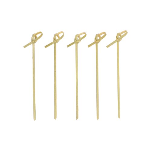 Five PAPSTAR 250 Fingerfood - Picker "pure" bamboo skewers of PAPSTAR GmbH with loop knots stand upright in a row against a white background - environmentally friendly, biodegradable, and ideal for any occasion.