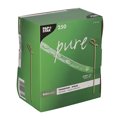A green box "PAPSTAR 250 Fingerfood - Picker 'pure'" of PAPSTAR GmbH contains 250 environmentally friendly, biodegradable skewers (à 10 cm); the packaging features a skewer and a leaf with water droplets.