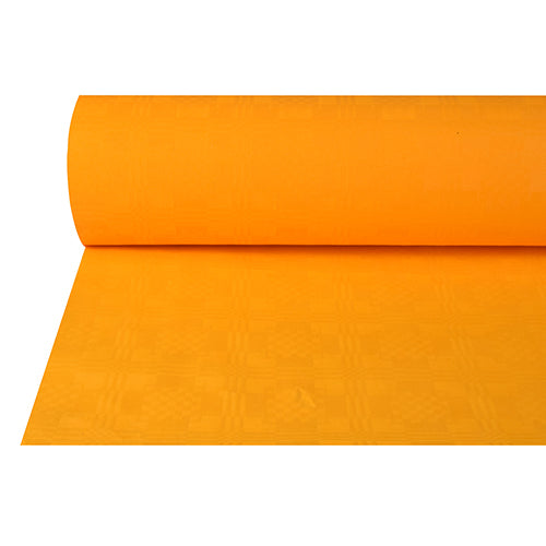 Das Papiertischtuch mit Damastprägung (50 m x 1 m) der PAPSTAR GmbH in leuchtendem Orange, teilweise abgerollt auf weißem Untergrund, bietet eine glatte Oberfläche mit edler Prägung – ideal für festliche Anlässe.