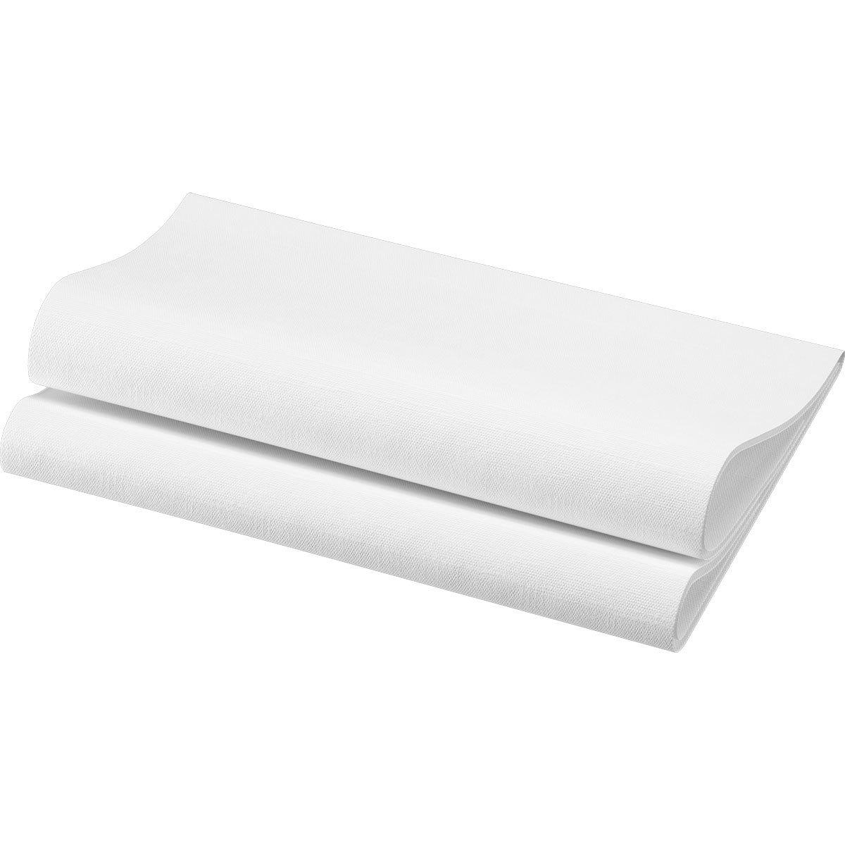 A folded white Dunisoft napkin 48 x 48 cm 1/4 fold by Duni GmbH is shown on a plain white background, emphasizing the smooth, clean texture and high quality.