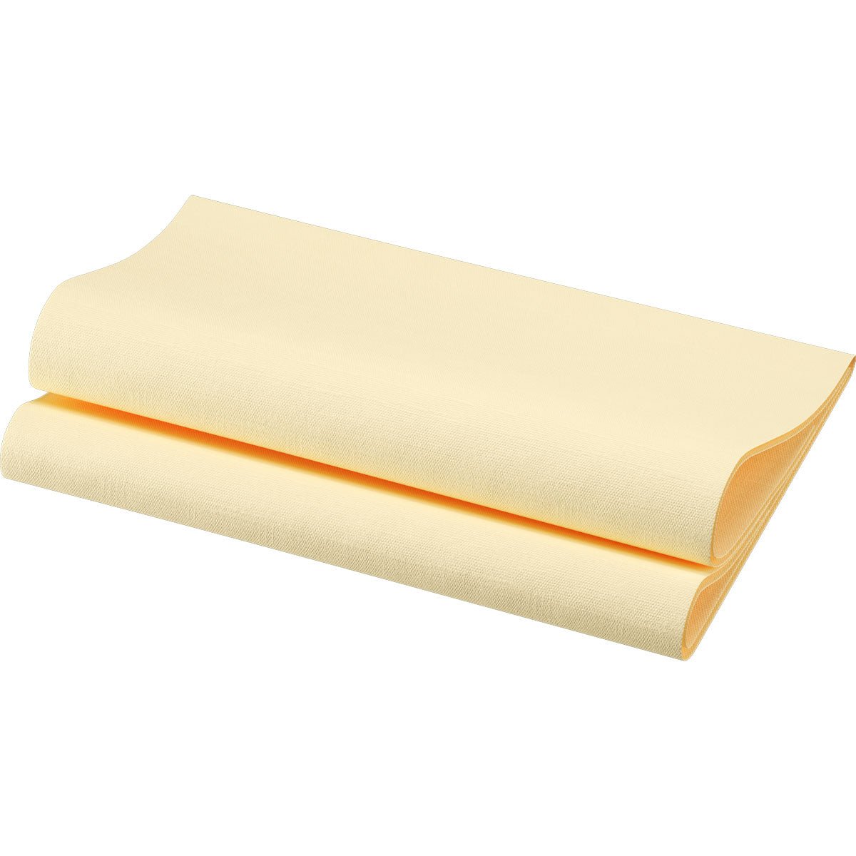 Pictured is a folded, light yellow Dunisoft napkin 48 x 48 cm 1/4 fold by Duni GmbH on a white background. The high-quality napkin has a smooth, soft surface and is neatly folded in the middle.