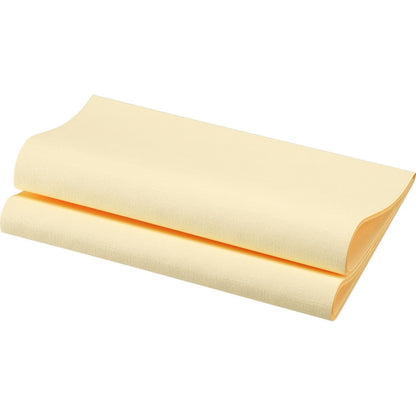 Pictured is a folded, light yellow Dunisoft napkin 48 x 48 cm 1/4 fold by Duni GmbH on a white background. The high-quality napkin has a smooth, soft surface and is neatly folded in the middle.