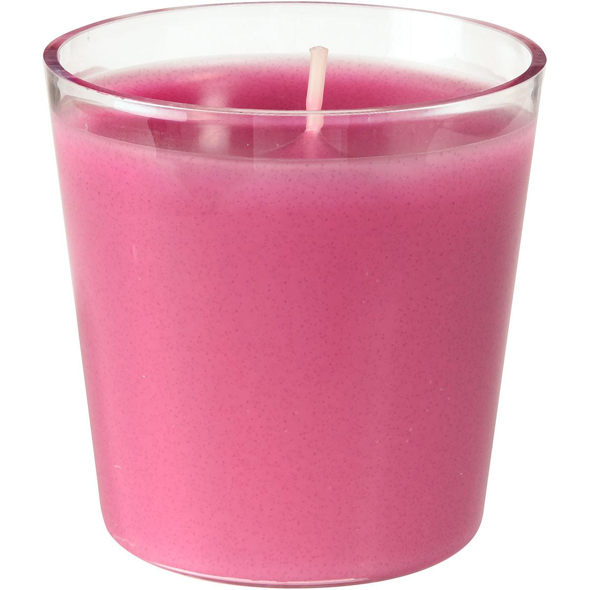 Der Nachfüller Switch & Shine von Duni GmbH ist eine rosa Wachsnachfüllung in einem klaren Glas, mit einem mittig angeordneten weißen Docht. Das glatte Wachs bietet ca. 30h Brenndauer und füllt den 65 x 65 mm großen Behälter für lang anhaltenden Genuss.