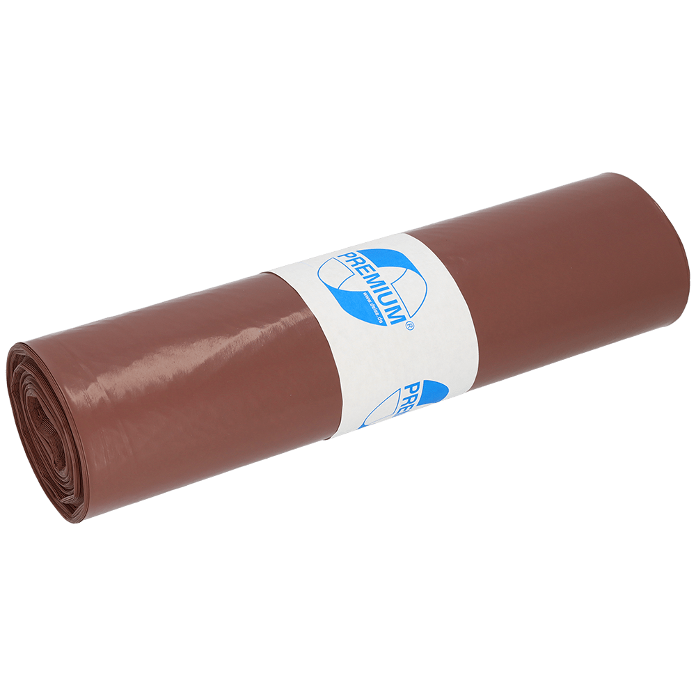 A rolled brown EMIL DEISS KG DEISS 17001 Type 60 garbage bag (700x1100 mm, 25 pieces/roll) with a white-blue "Premium" label in the middle, on a white background.