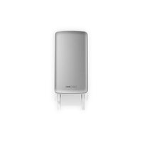 Un dispositivo electrónico rectangular de color gris —el panel frontal CWS PureLine para el dispensador de papel higiénico de CWS— sobre un fondo blanco, con una pequeña etiqueta en la base y dos abrazaderas orientadas hacia abajo para crear un ambiente higiénico.