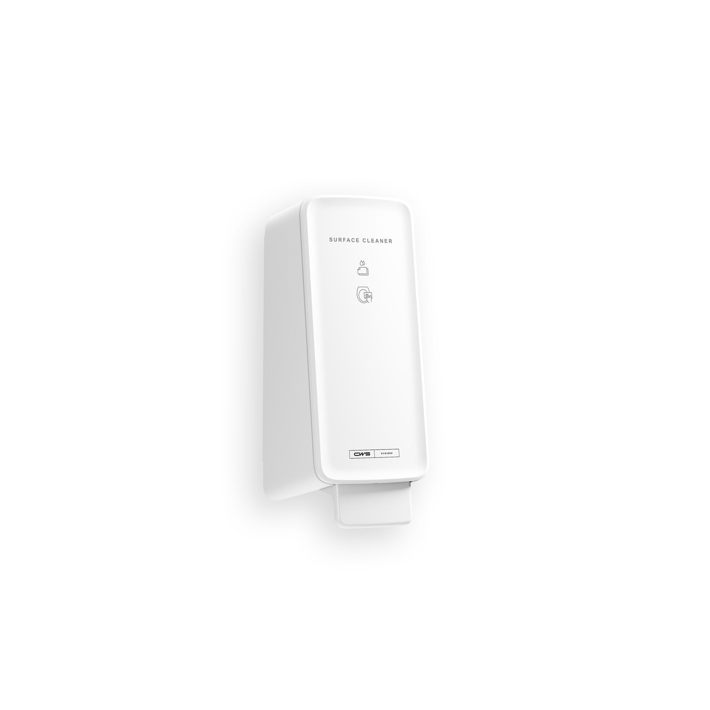 Ein weißer, wandmontierter CWS PureLine Surface Cleaner Toilettenspender mit rechteckigem, minimalistischem Design zeigt "Surface Cleaner", einfache Symbole und betont die hygienische Reinigung durch CWS für eine effektive Bakterienentfernung in jedem Raum.