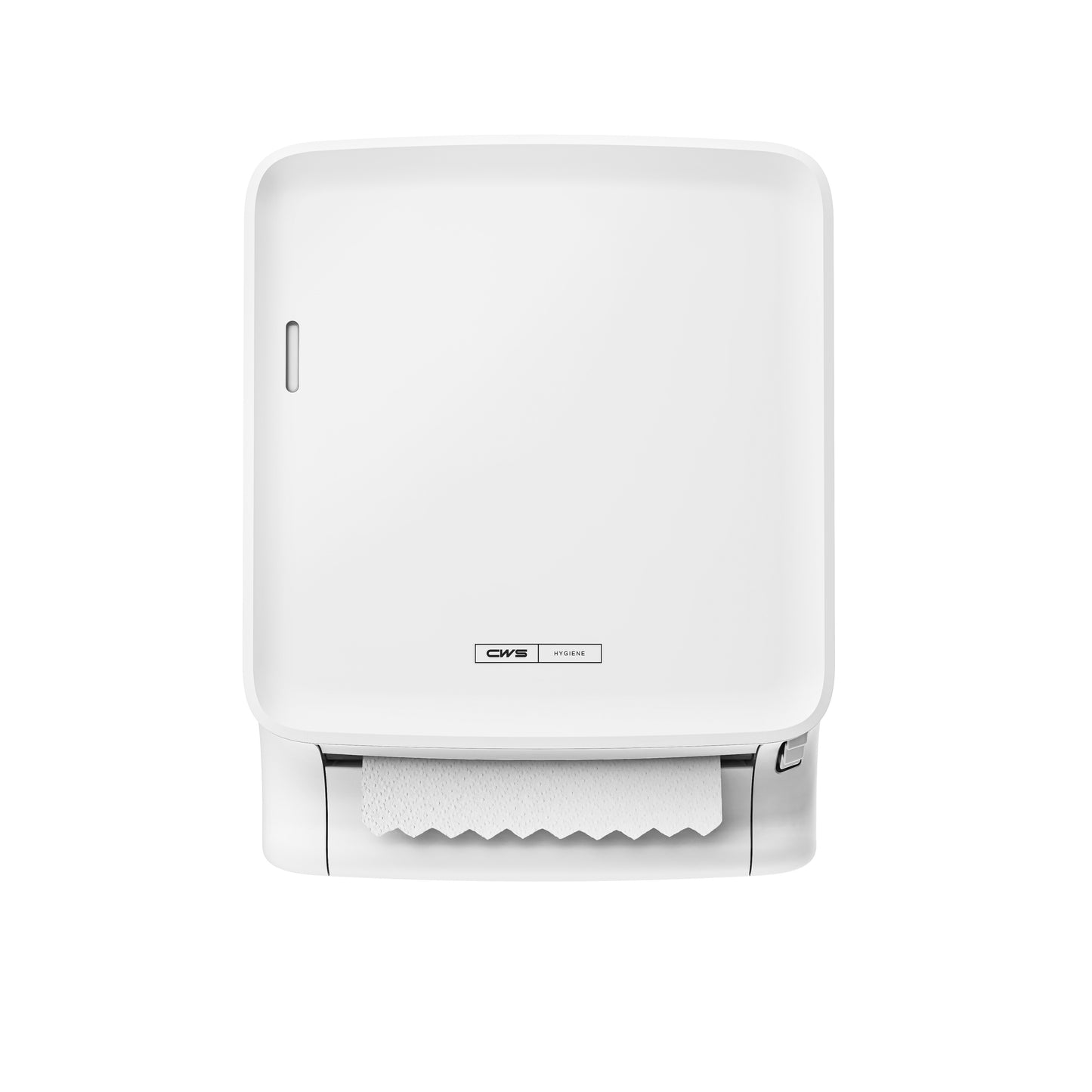 El CWS PureLine Paperroll | Paquete (1 unidad) de CWS es un dispensador blanco montado en la pared con una toalla de papel visible, que se encuentra frente a un fondo liso, ideal para entornos higiénicos y ecológicos.