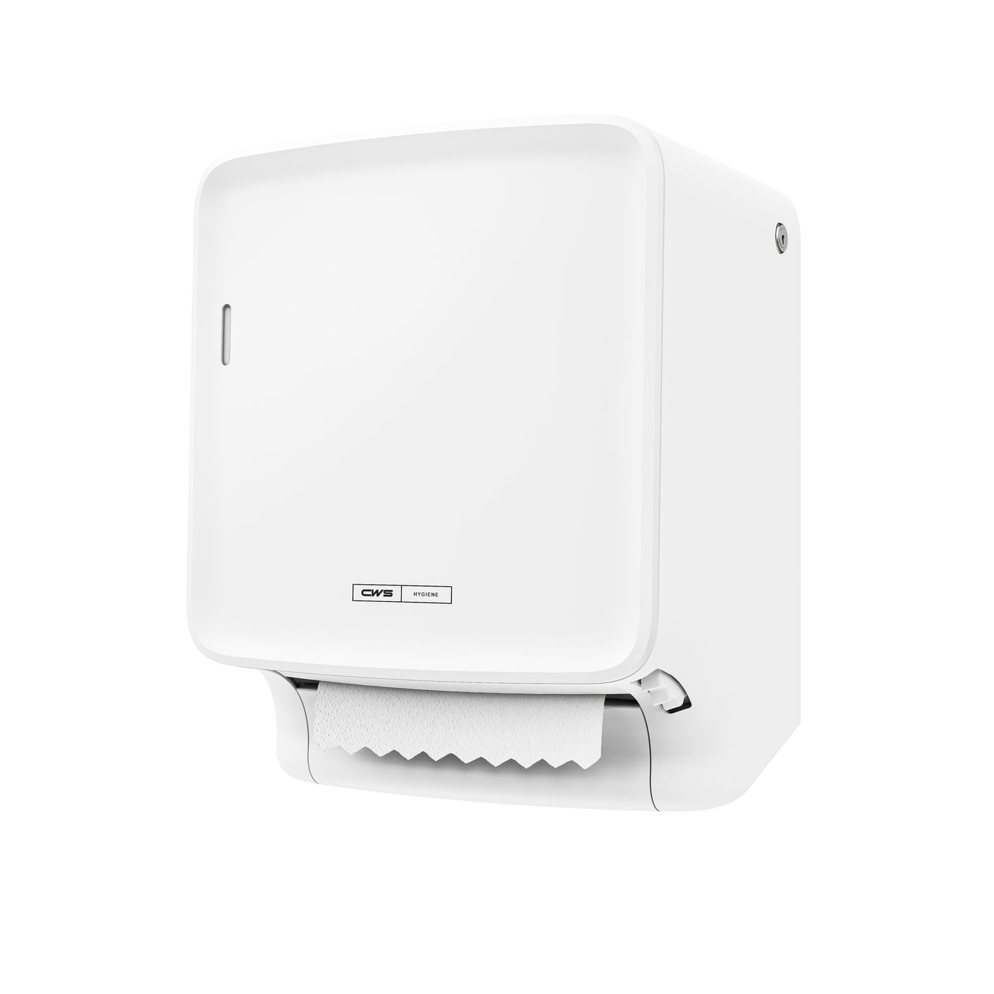 El CWS PureLine Paperroll | Paquete (1 unidad) de CWS es un dispensador de pared blanco que dispensa una toalla de papel, aislado sobre un fondo blanco simple, ideal para requisitos de higiene ecológica.