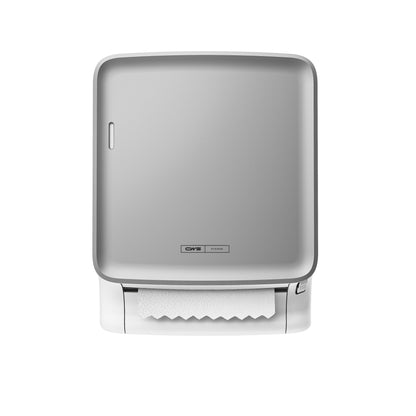 The CWS PureLine front panel for PureLine Paperroll by CWS offers a sleek, rectangular design for wall-mounted dispensers, providing easy access and a visible paper roll at the bottom.