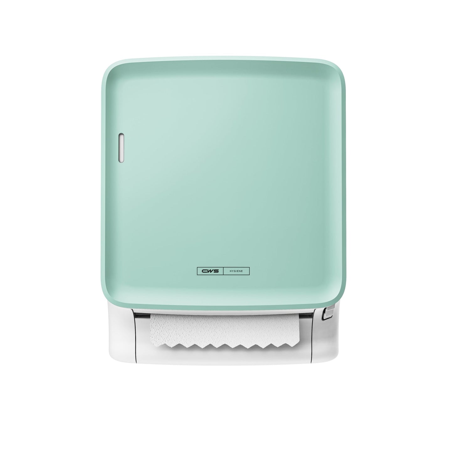 The square, mint green CWS PureLine paper towel dispenser for wall mounting with the CWS PureLine front panel for PureLine Paperroll features a white front cover and a partially extended sheet against a simple white background.