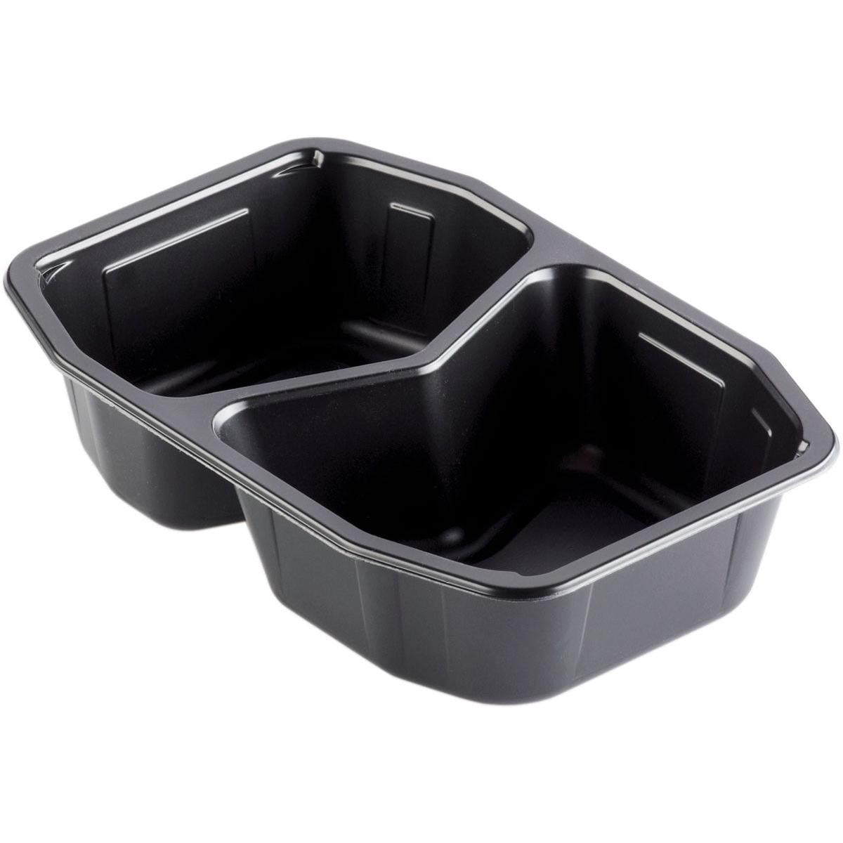 The Duni GmbH PP Bowl HMR 2 Black PP 215x148x50, a black two-compartment food container (package: 312 pieces), is microwave safe and ideal as a catering packaging for versatile storage and serving of food.