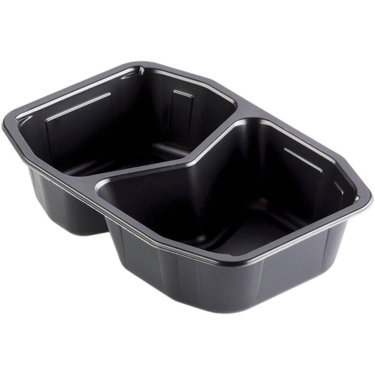 Die Duni GmbH PP-Schale HMR 2 Schwarz PP 215x148x50, ein schwarzer Zwei-Kammer-Lebensmittelbehälter (Packung: 312 Stück), ist mikrowellengeeignet und ideal als Gastronomie-Verpackung zum vielseitigen Aufbewahren und Servieren von Lebensmitteln.