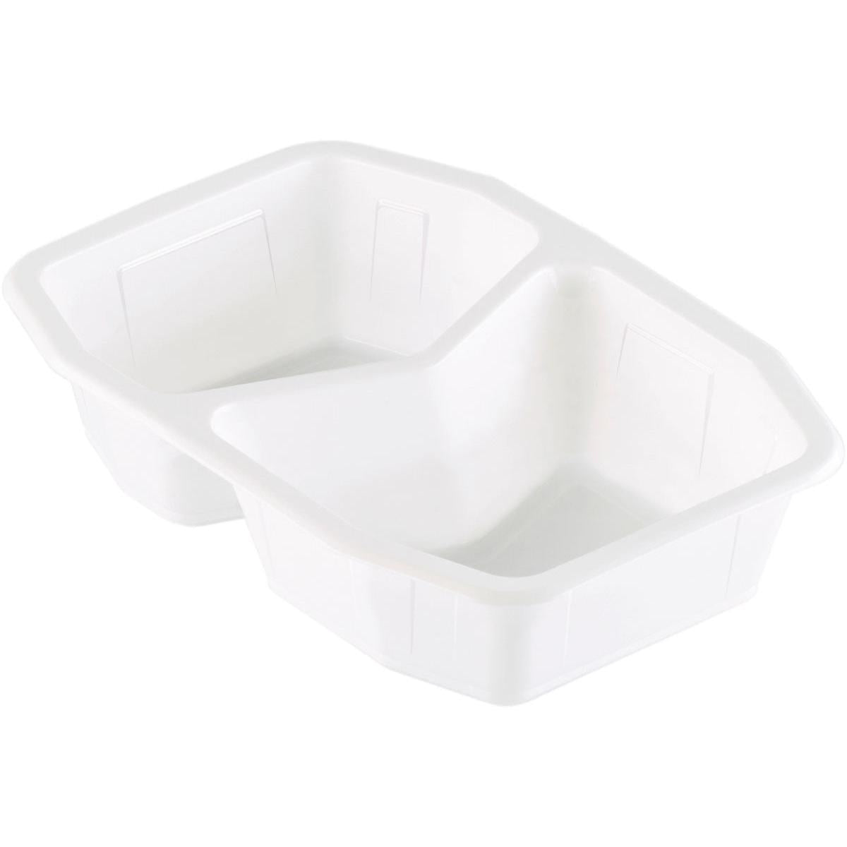The Duni GmbH PP bowl HMR 2 White PP 215x148x50, a white three-part food bowl with raised partition walls, is ideal for transport and storage. Available in packs of 312 pieces.