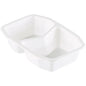 The Duni GmbH PP bowl HMR 2 White PP 215x148x50, a white three-part food bowl with raised partition walls, is ideal for transport and storage. Available in packs of 312 pieces.