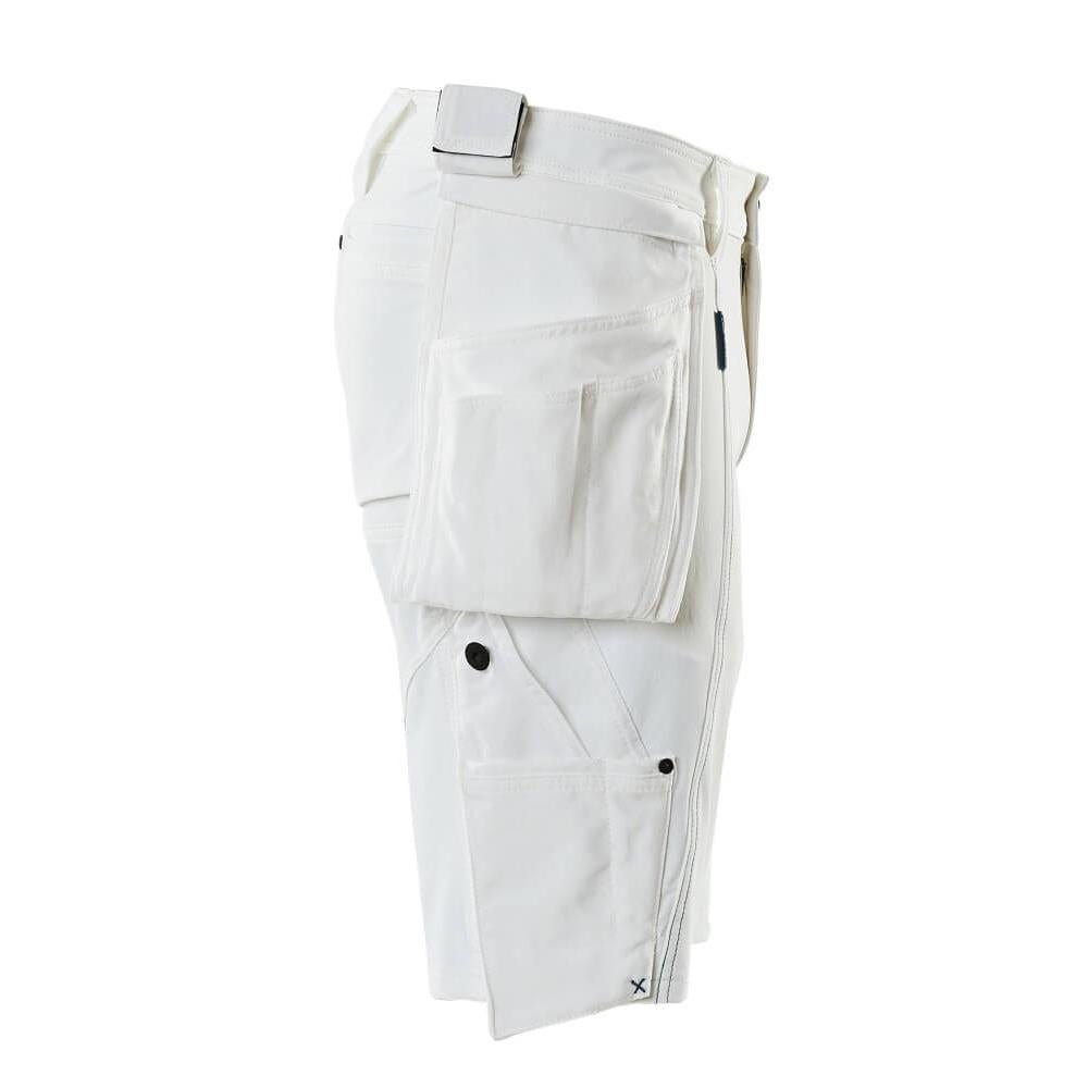 Shorts, removable hanging pockets, stretch craftsman shorts, white